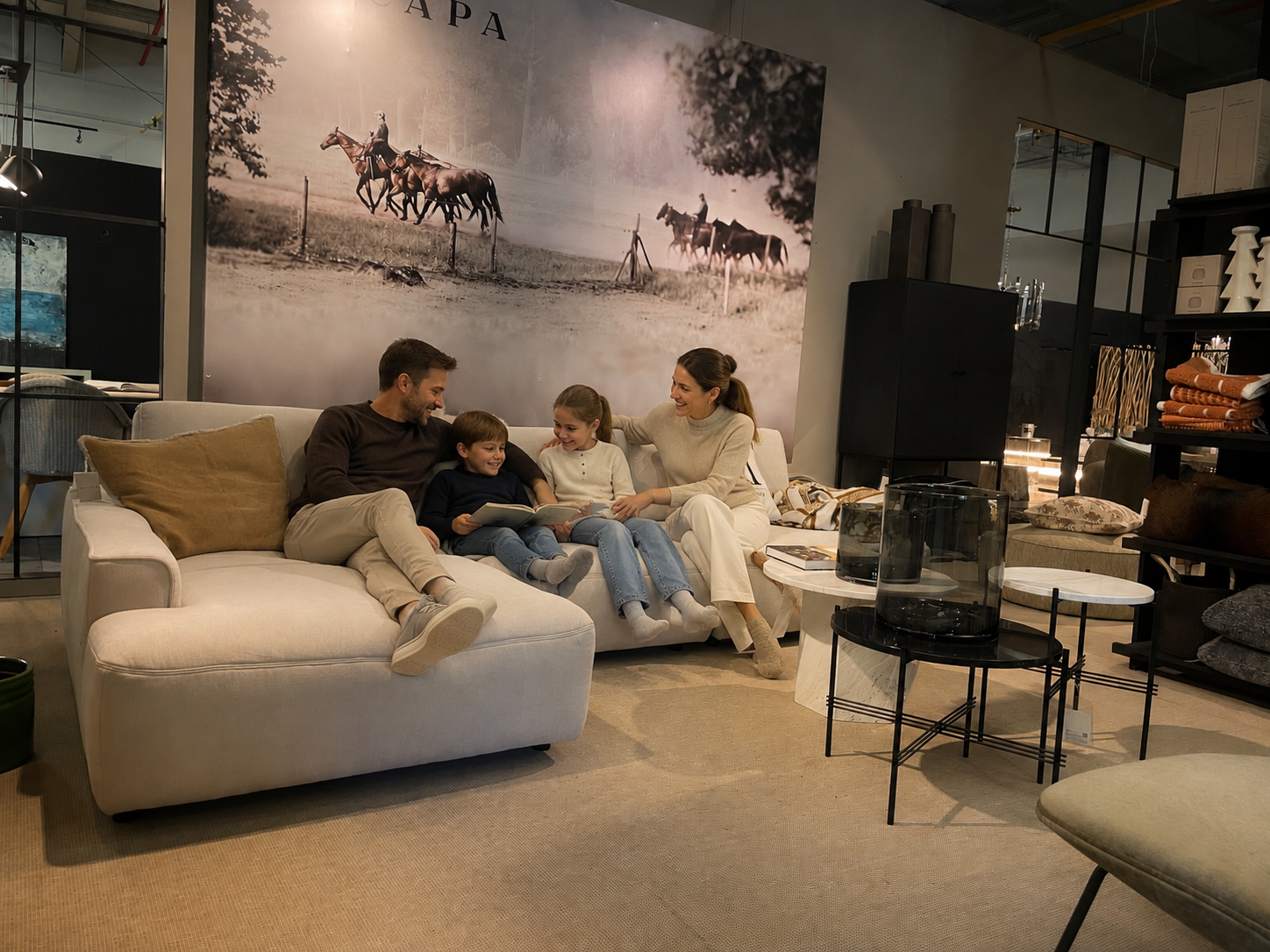 Homestorys – Lieblingsstücke aus unserer Ausstellung, KI-Visualisierung Eine Familie sitzt auf einem hellen Sofa in der Homestorys-Ausstellung – KI-Visualisierung.
